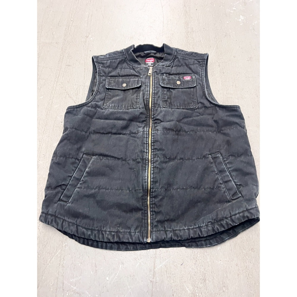 Wrangler Quilted Vest Men's XL 46/48 Black Canvas Pockets Logo Full Zip Workwear